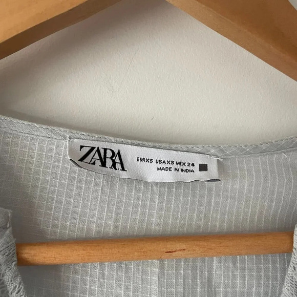 Zara Daisy  Floral Embroidered Ruffle Neckline Cotton Mini Dress Light Blue XS - Picture 10 of 11